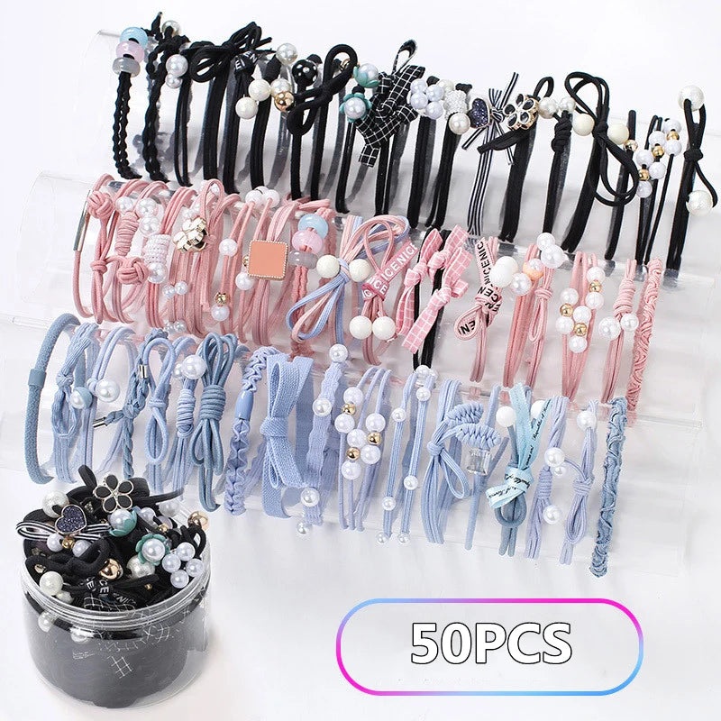 50/12PCS  Women Elastic Hair Ties Pearls Fashion Girls Scrunchies Ponytail Holder Rubber band Hair Rope Hair Accessories.
