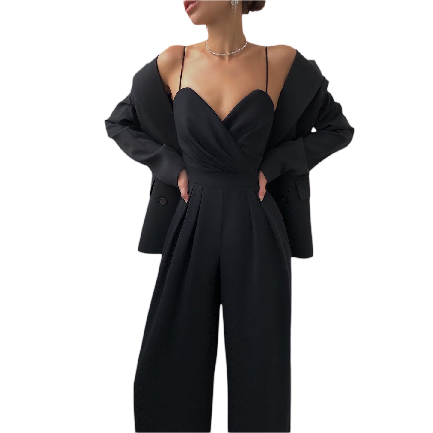 Ladies Elegant Jumpsuit  Spaghetti Straps V-Neck Solid Embroidered Lace Open Back Wide Leg Jumpsuit Long Jumpsuit Black White.