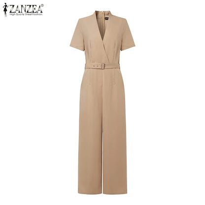 ZANZEA Street Fashion High Waist Jumpsuits Women Workwear Belt Rompers Solid Deep V Neck Elegant Office Lady Long Overalls.