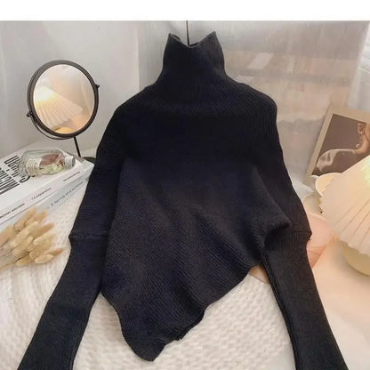 2025 Korea Herbst Winter Frauen Mode Unregelmäßigen Lose Stricken Pullover Vintage High Neck Langarm Weibliche Pullover Chic Tops.