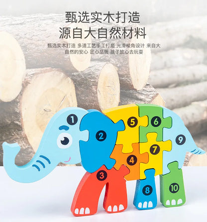 3D Stereoscopic Montessori Wooden Puzzle Cartoon Dinosaur Animal Shape Color Cognitive Educational Game Toy Kids Birthday Gift.