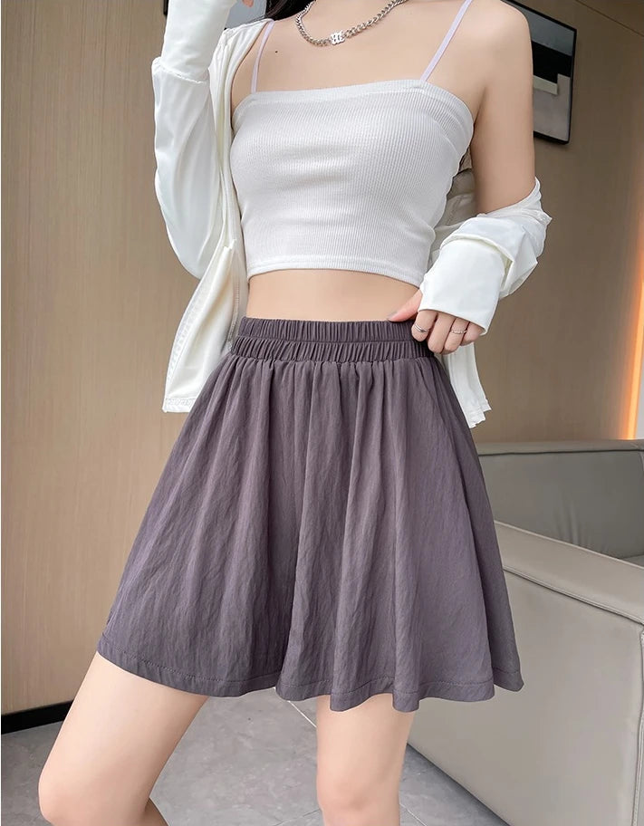 Women Quick Dry Sporty Short Pants Summer Thin Pleated Shorts Skirts High Waist A- Line Five Quarter Pants Cool Wide Leg Pants