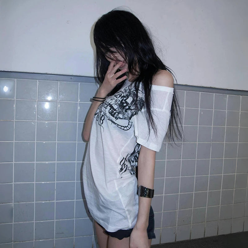 Karrram Japanese Y2k Letter Print T-shirt Trashy 2000s Style Tattoo T Shirt Vintage Harajuku Short Sleeve Sheer Tops Grunge Goth.