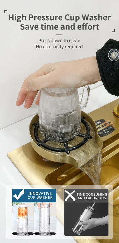 Waterfall Kitchen Sink Gold 304 Stainless Steel Modern Multifuctional Large Sink  Above Counter Apron Front Installation