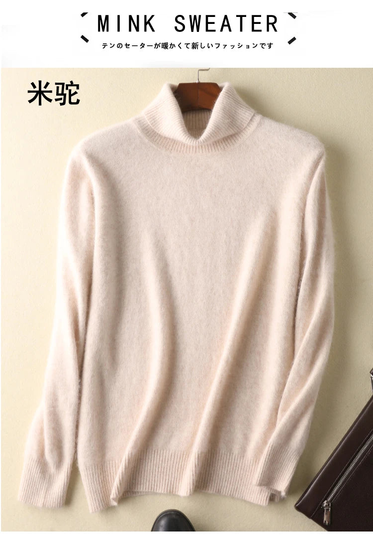 Men's 100% pure Mink Knitted Sweater Turtleneck Large Size Casual Pullover Autumn Winter New Base Shirt Men Warm High Lapels Top.