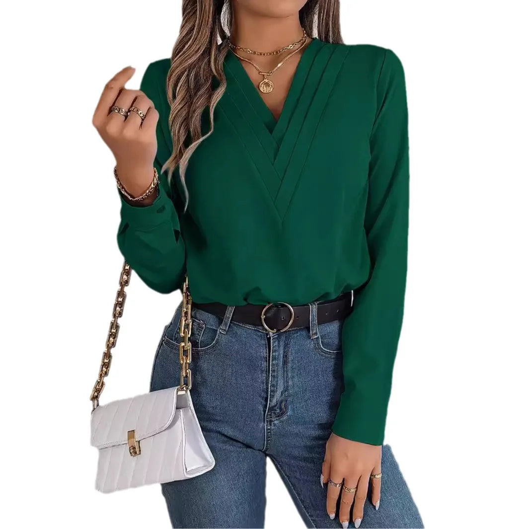 Summer And Autumn Women's Casual Shirt, Commuting Style Solid Color V-neck Long Sleeve Shirt Top.