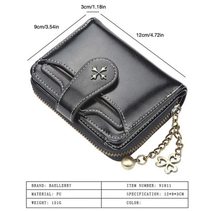 Women's Short Oil Wax Leather Coin Purse Fashion Buckle Zipper Wallet Driver's License Card Bag.