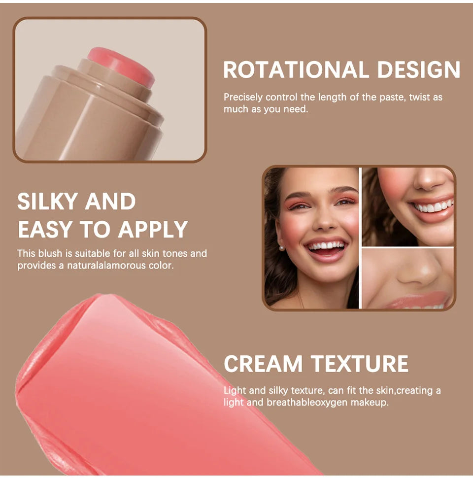 Magic Blush Stick 3-in-1 Cheek Lip Tinted Moistured Blush Stick Silky Brighten Blush Cream Blusher Cosmetics Tubes Matte Contour.