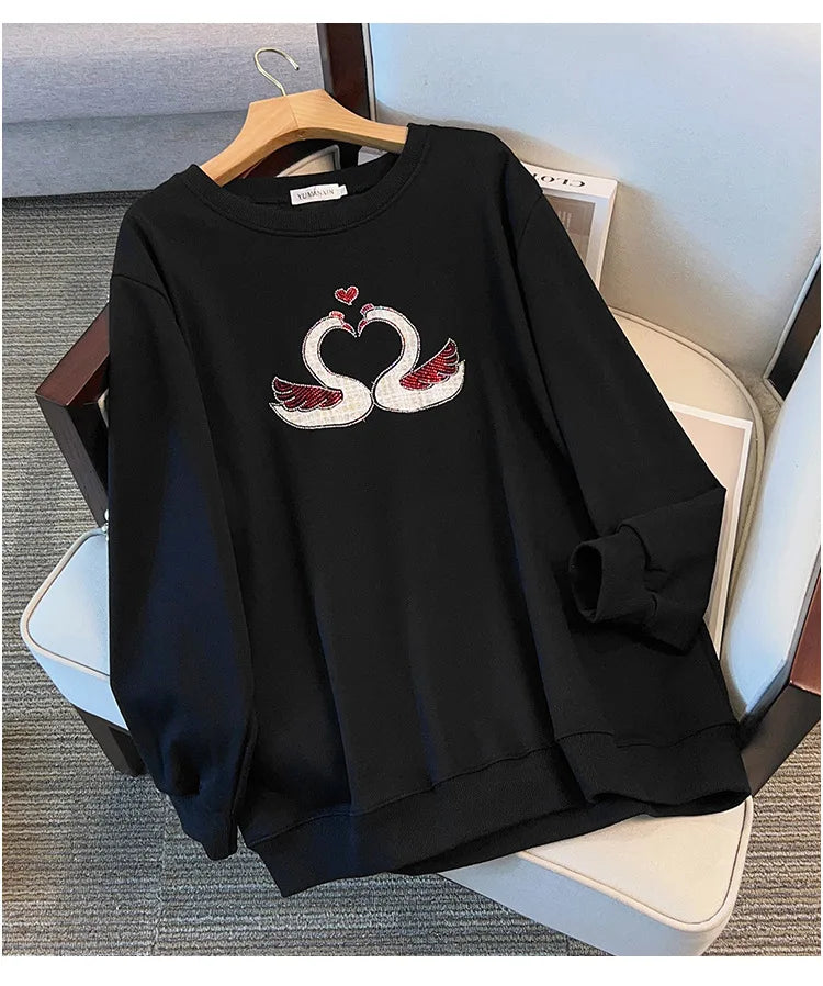 175 kg Übergröße Damen Büste 170 Herbst Lose Rundhals Langarm Diamant Schwan Sweatshirt Schwarz Weiß 5XL 6XL 7XL 8XL 9XL
