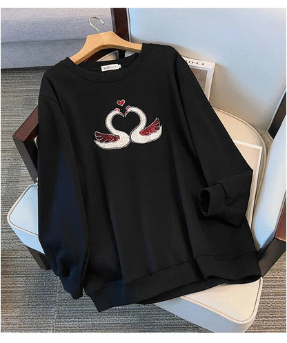 175 kg Übergröße Damen Büste 170 Herbst Lose Rundhals Langarm Diamant Schwan Sweatshirt Schwarz Weiß 5XL 6XL 7XL 8XL 9XL