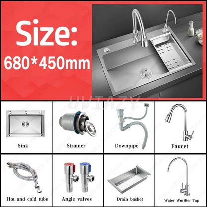 Handgefertigtes silbernes Küchenspülbecken aus Edelstahl 304, herunterziehend, Einzelschüssel-Waschbecken mit Abflussset