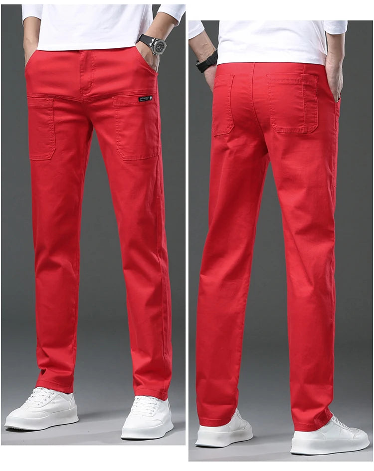 Spring and Autumn Men's Multi-Pocket Design Jeans Fashionable and Versatile White Khaki Red Comfortable Stretch Denim Pants.