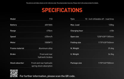 JOYOR T10 Adult Electric Scooter 1000W*2 Motor 60V18AH Battery Off-Road Escooter 10" Off-Road Tire Foldable E-Scooter