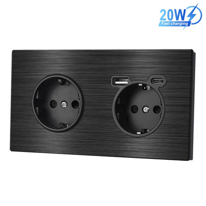 SRAN Eu-Steckdosen, 82/153/224 x 82 mm, schwarzes Panel aus Aluminiumlegierung, 16 A USB-Wandsteckdose Typ C, Heimbüro.