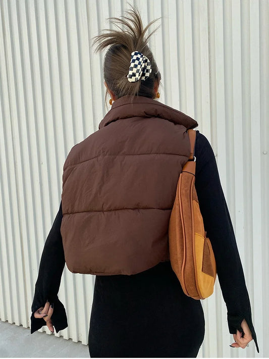 Herbst Winter Kurze Baumwolle Weste Elegante Solide Zipper Ärmel Stehkragen Warme Stepp Weste Mäntel Reise Jacke Im Freien.