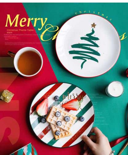1pc Merry Christmas Ceramic Dinner Dish Plate Set Mug Dessert Cake Pastry Fruit Serving Plate Decorative Tableware.