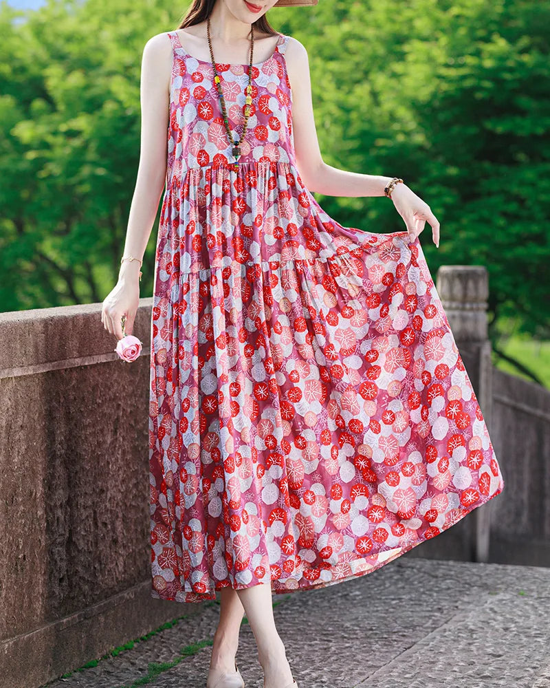 Neue Mode Lässig 2025, Sommer Elegante Kleider Für Frauen Oansatz Druck Vintage Ärmelloses Kleid Lose Frauen Kleidung