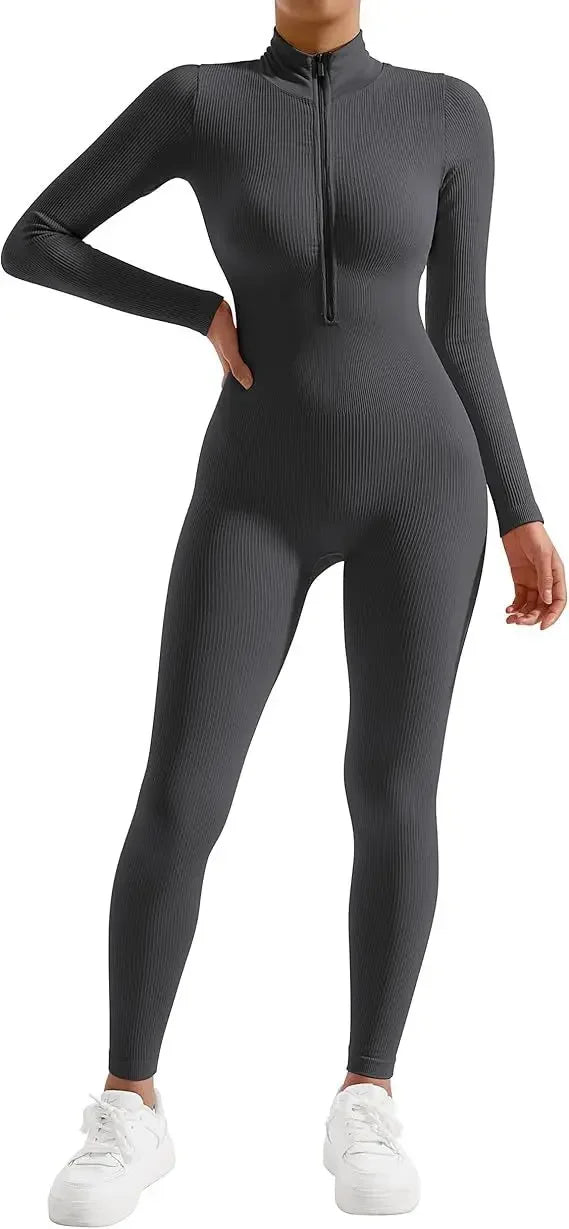 Seamless Long Sleeve Yoga Suit Waist-Fitted Shaping Trousers Casual Sports One-Piece Zippered Fitness Wear