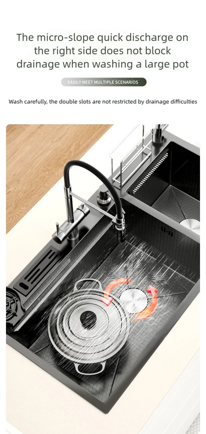 Waterfall Kitchen Sink Stainless Steel Large Double Slot With Chopping Board Rack Knife Holder Multifunctional Dishwash Basin