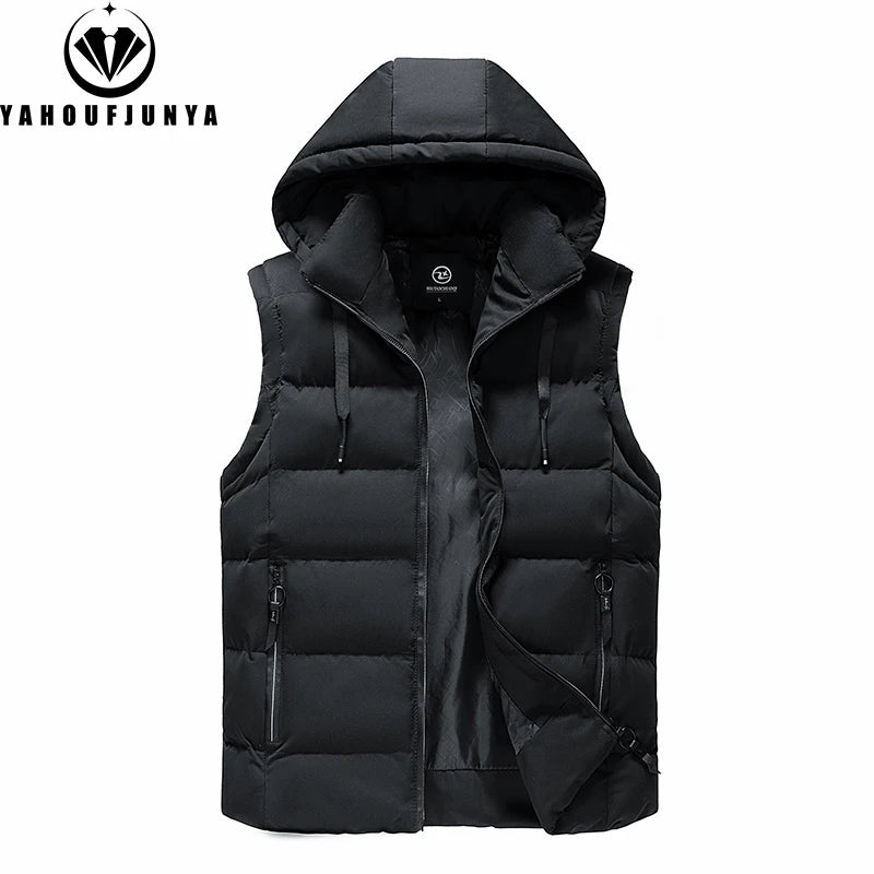 Men Autumn Sleeveless Outdoors Casual Solid Warm Vest Men Winter Detachable Hooded Fleece Pocket Zipper Fashion Vest Male Coat
