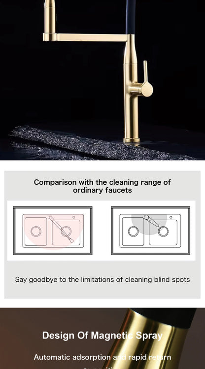 Luxury Brushed Gold Brass Pull Out Kitchen Faucet with Ceramic Cartridge Hot Cold Water Sink Tap Modern High End Sprayer Durable