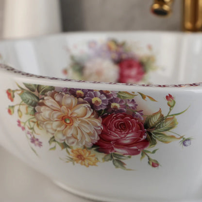 Kemaidi Keramik Bad Bar Waschtisch Waschbecken Wasserhahn Combo Blumen stil weiß über Theke Schüssel mit goldenen Mixer Wasserhähnen