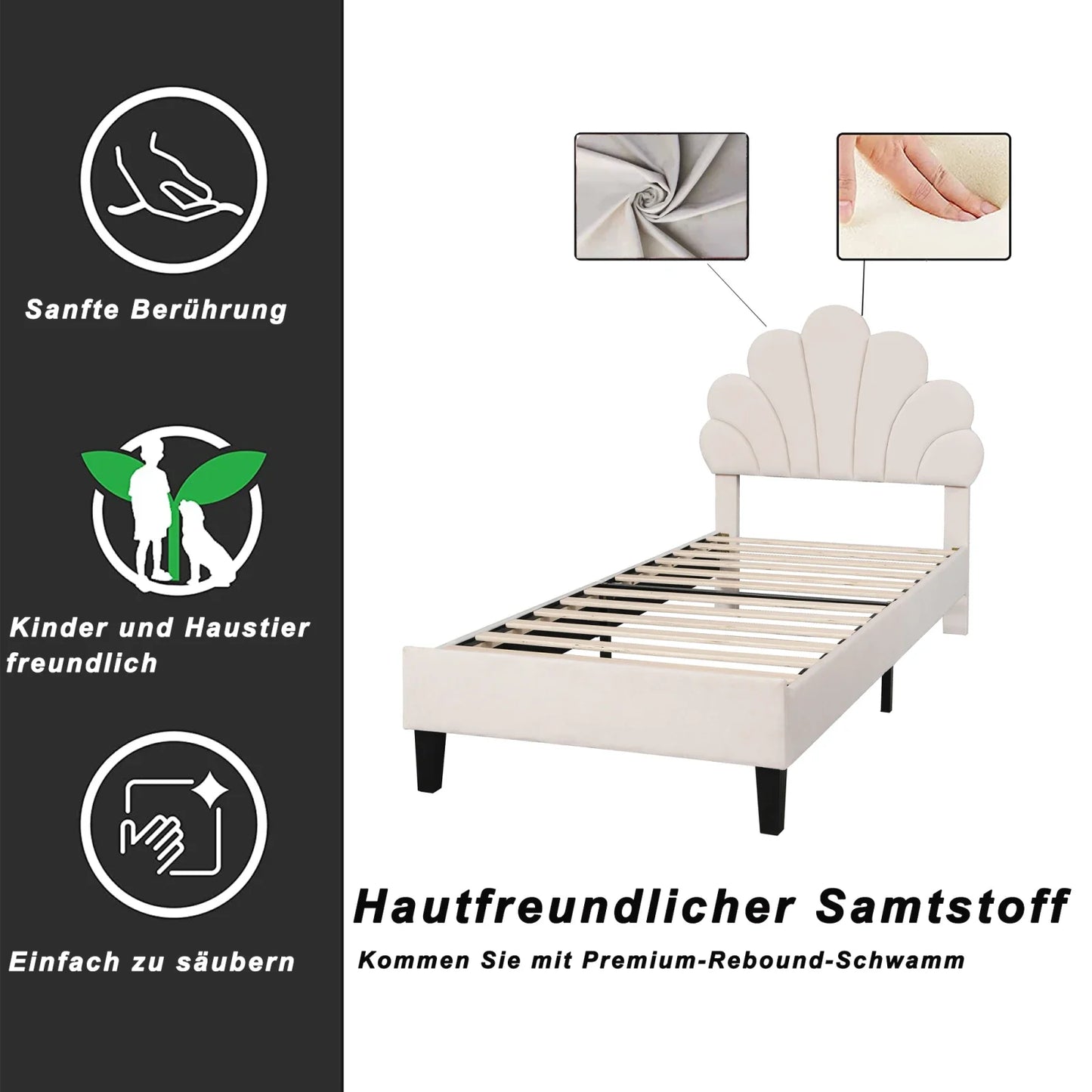 Rosahqnda Kinderbett 90x200 cm, blütenblattförmiges Kopfteil, gepolstertes Einzelbett für Kinder- und Mädchenschlafzimmer, Rosa/Beige