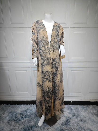 Ramadan Eid Tie Dye Butterfly Bow Muslim Modest Kimono Abaya Damen Dubai Luxury Islam Women Kebaya With Hijab Kaftan Robe Femme