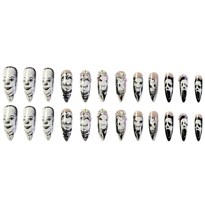 24Pcs Glossy Long Almond Halloween Press On Nails Black And White Horror Style Fake Nails With Rhinestone Reusable False Nails.