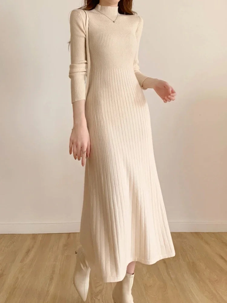 Herbst Winter schlankes Langarm Party Midi Kleid für Frauen gestrickt halbhohen Kragen elegante Strick pullover Kleider Damen.