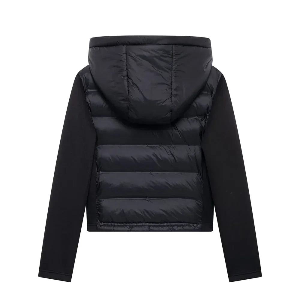 ZBZA Damenmode mit Kapuze, Neopren-Effekt, gespleißter, wattierter Jacke, hoher Kragen, lange Ärmel, verstellbare Kapuze, lässig, schmale Passform, warmer Mantel, Herbst/Winter, neue schicke Damen-Oberbekleidung.