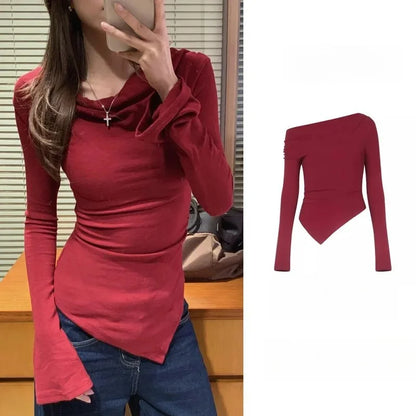 Irregular Waist Pleated Long Sleeve Base Shirt Spring T-Shirt Women's Spicy Girl One Shoulder Top Fashionable Casual Wear
