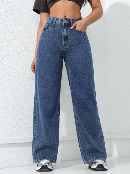 American Style High Waist Wide Leg Jeans Women's Spring New Loose Slim Straight Floor-Length Denim Pants.