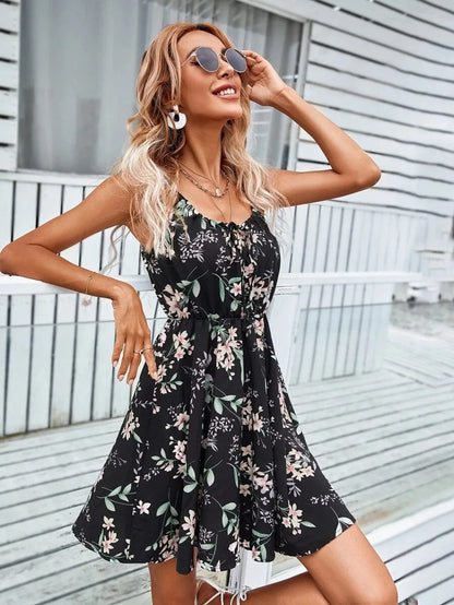 kleid damen,Sexy Blumendruck kurzes Kleid Frauen Sommermode schwarz rückenfrei Strand Sommerkleid lässig ärmellos Schnürung neu in Kleidern 2024