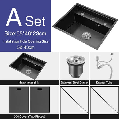 Nanometer Double Cover Hidden Kitchen Sink 304 Stainless Steel 3 Holes Handmade Single Large Size Kitchen Hidden Sinks