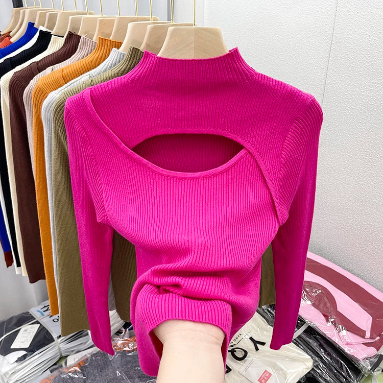 2025 weibliche Casual Pullover Herbst Winter Sexy Aushöhlen Frauen Pullover Schlank Vintage Jumper Weiche Warme Pull Gestrickte Pullover Tops.