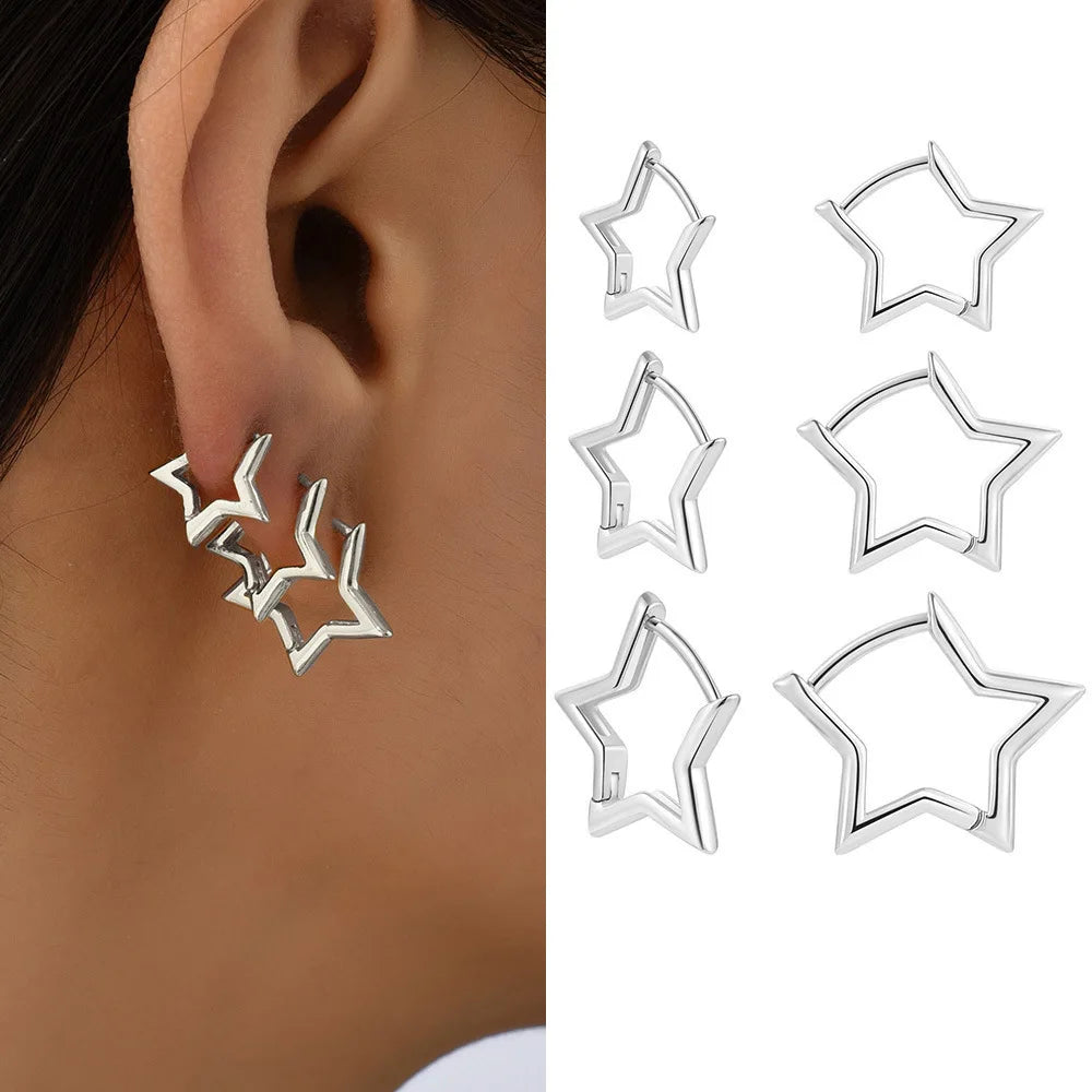 6Pcs/Set Fashion Simple Smooth Star Hoop Earrings for Women European Unisex Piercing Gothic Rock Jewelry Ear Buckles.