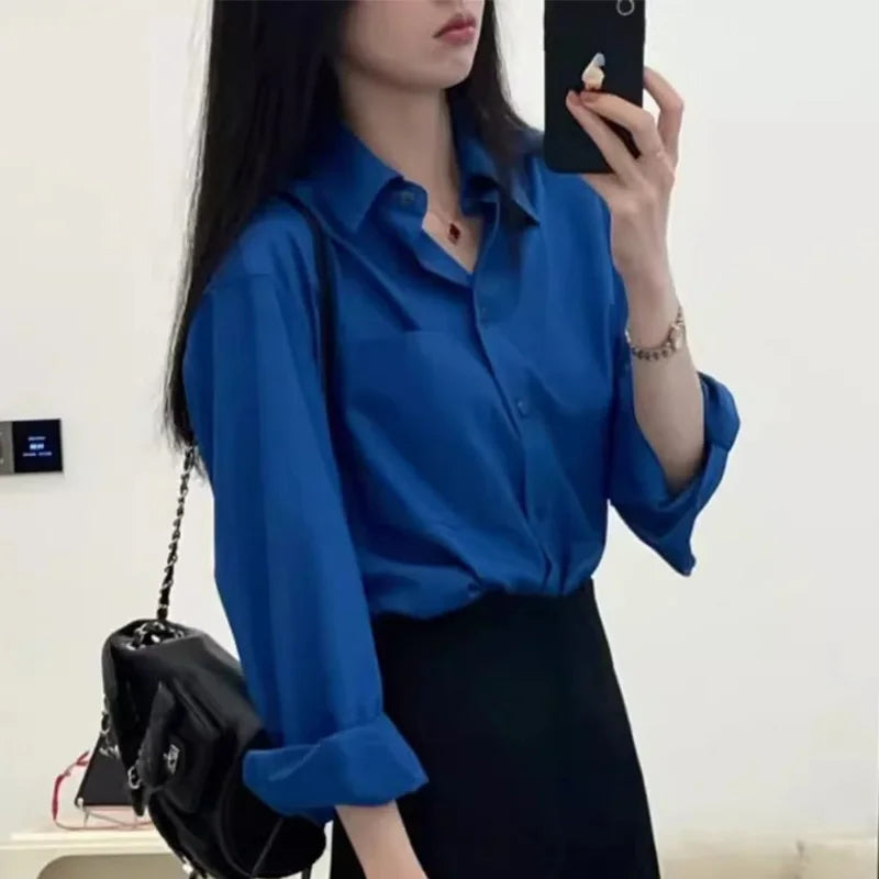 Vintage Blue Long Sleeve Shirts Women Spring Autumn 2025 Chic Single Breasted Blouses Woman Loose Turn Down Collar Shirts Ladies.