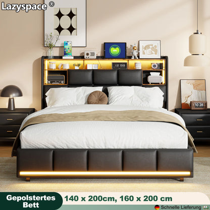 Lazyspace Modernes PU-Polsterbett, Doppelbettgestell, hydraulisches Bett mit Stauraum, Kopfteil mit LED-Licht und Ablagefach