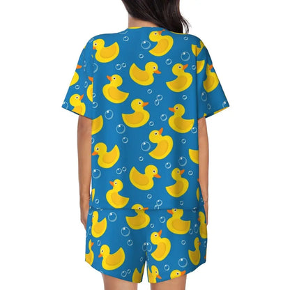 Benutzerdefinierte Frauen Gelb Klassische Gummi Ente Pyjamas Set Gedruckt Zwei-stück Pj Sets Kurzarm Nachtwäsche Loungewear