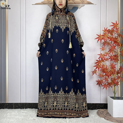 2025 Women Long Sleeves Dress Cotton Ramadan Abaya with Two Hats Muslim Women's Kaftan Dress Dubai Turkey Islam Prayer Clothing