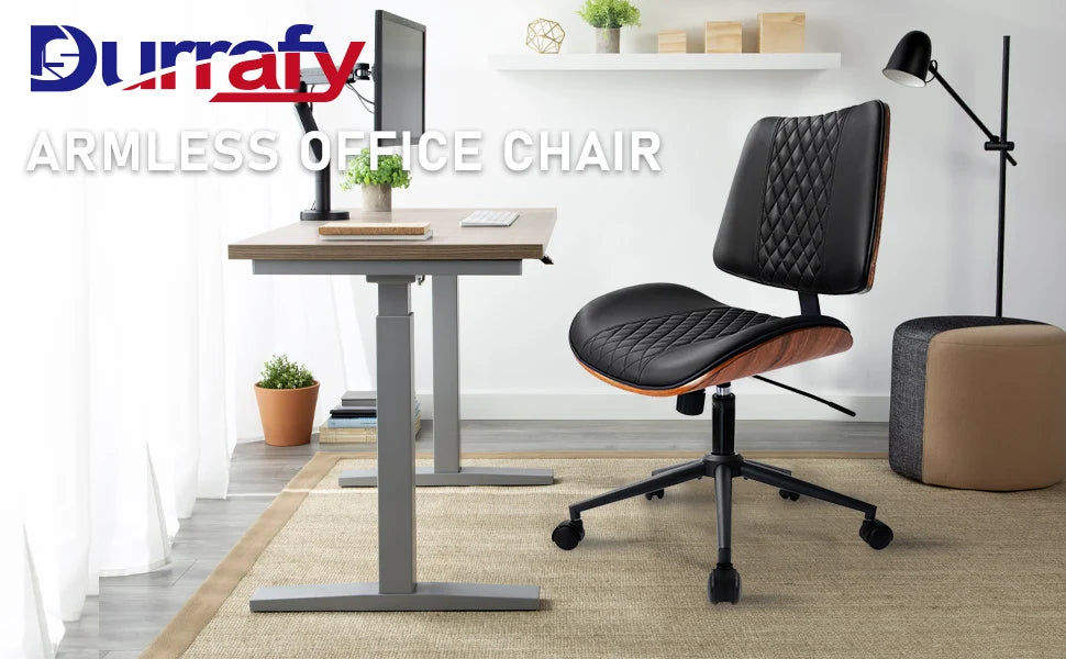 Durrafy Bürostuhl ohne Armlehnen, moderner Walnussstuhl, Schreibtischstuhl mit Leder, höhenverstellbar, kleiner Stuhl, PU-Leder, Uphol