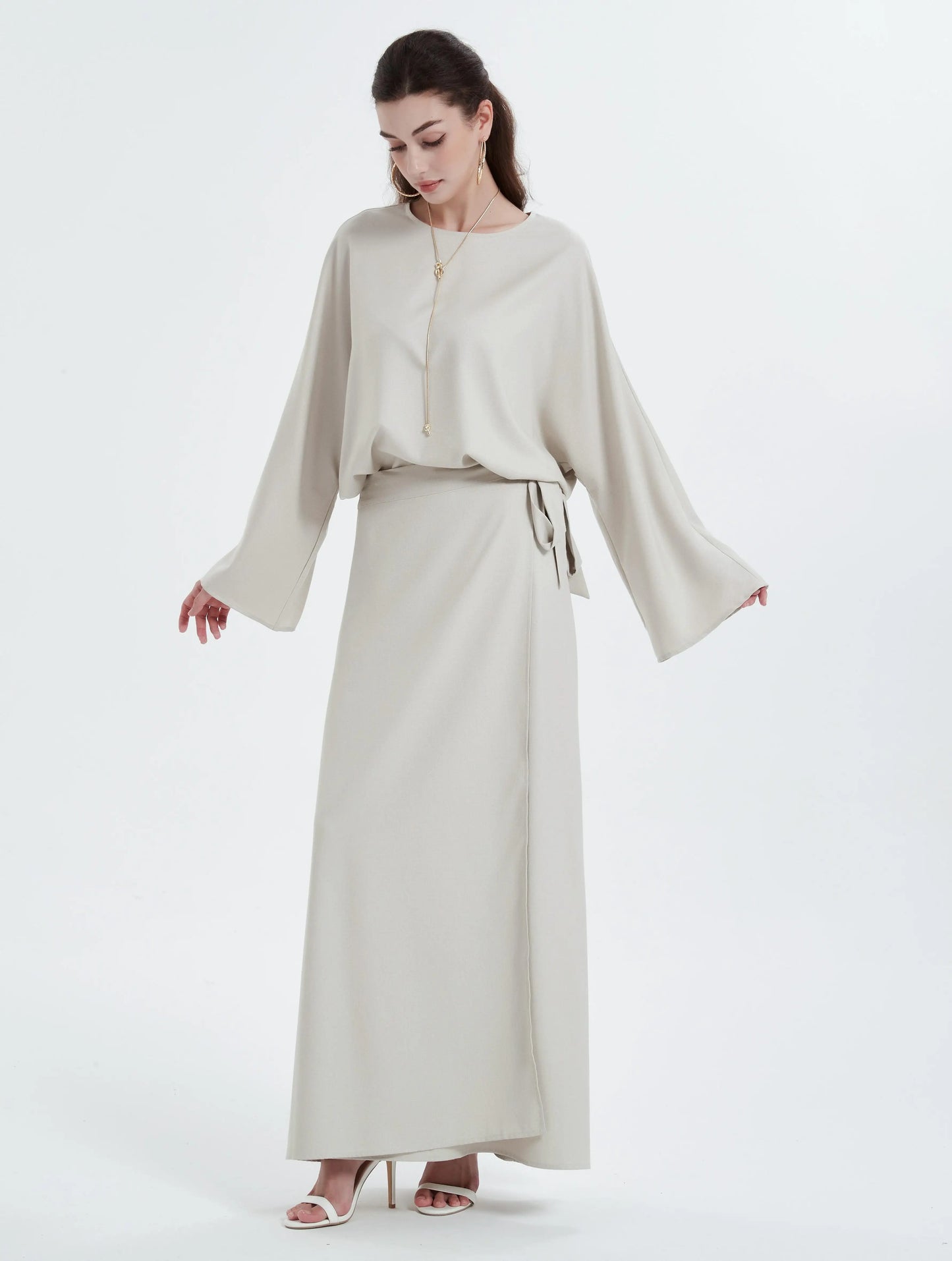 Ramadan kebaya Solid Color Simple Loose tunic with slit waist sleeve abaya Muslim Dresses.