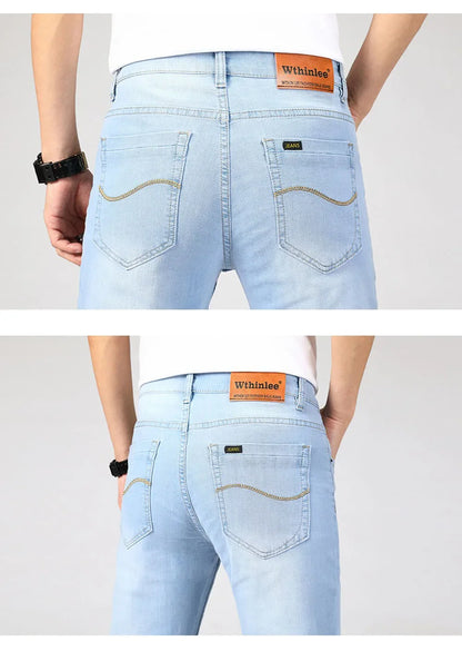 Brand Jeans 2025 Summer Business Jeans Men Light Blue Casual Straight Stretch Fashion Classic Work Denim Trousers Male Clothing.