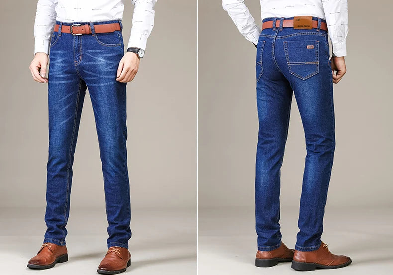 Autumn Classic Men's Fitted Stretch Jeans Business Casual Cotton Denim Straight Leg Pants Male Black Blue Trousers.