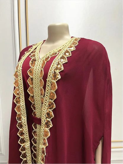 Elegant Muslim Abaya for Women Dress 2 Piece Set Chiffon Cloak Caftan Indian Party Dresses Sequins Kinono Robe Vestidos Abayas
