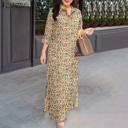 ZANZEA Herbst Sommer Floral Bedruckte Kleider Frauen Maxi Sommerkleid Bohemian Casual 3/4 Hülse Urlaub Vestidos Kaftan Robe Femme.