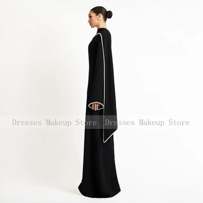 Elegantes Hochzeitskleid, schwarz, A-Linie, Perlen, lange Ärmel, O-Ausschnitt, Abendkleider, langer Schal, saudi-arabisches formelles Abendkleid.