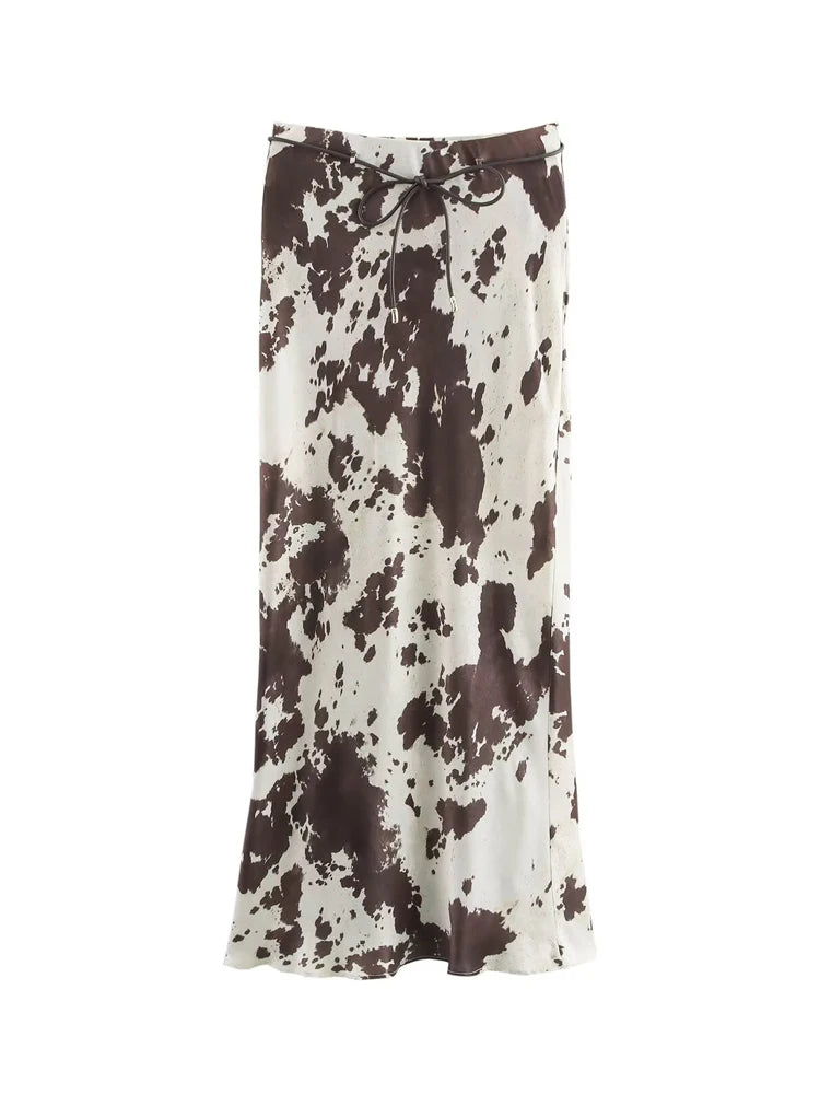 MUJER Print Satin Long Skirts for Women High Waist Midi Skirt Woman Spring Belt Women's Skirt Cylinder Vintage Women Skirt Sets.