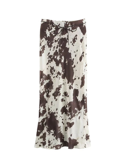 MUJER Print Satin Long Skirts for Women High Waist Midi Skirt Woman Spring Belt Women's Skirt Cylinder Vintage Women Skirt Sets.
